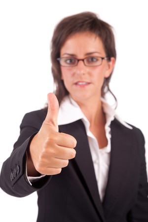Business woman showing thumb up, isolated over whiteの写真素材