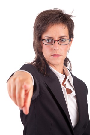 Business woman, pointing forward - isolated on whiteの写真素材