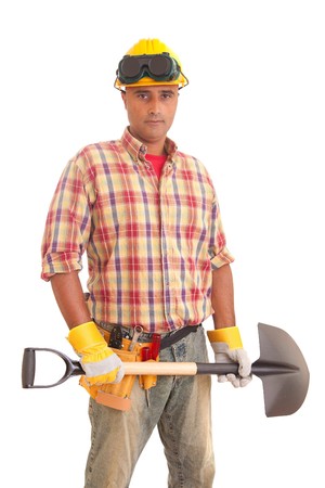 Construction worker, isolated over white backgroundの写真素材