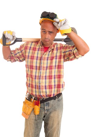 Construction worker, isolated over white backgroundの写真素材