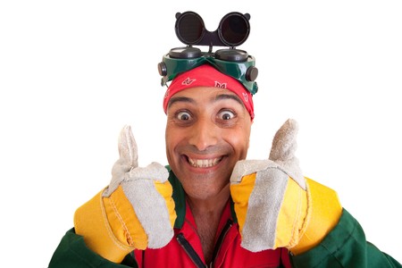 Happy construction worker, isolated on whiteの写真素材