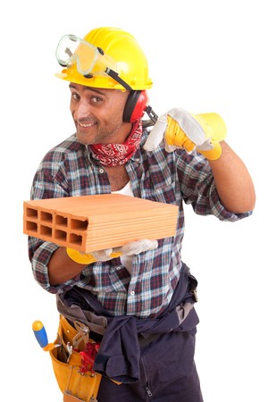 Construction worker offering services, isolated over whiteの写真素材