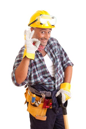 Happy construction worker, isolated on whiteの写真素材
