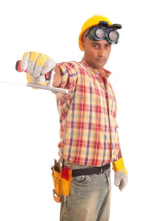 Construction worker, isolated over white backgroundの写真素材