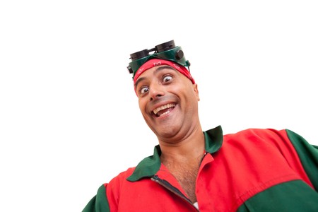 Happy construction worker, isolated on whiteの写真素材