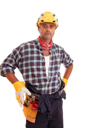 Construction worker, isolated over white backgroundの写真素材