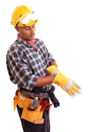 Construction worker, isolated over white backgroundの写真素材