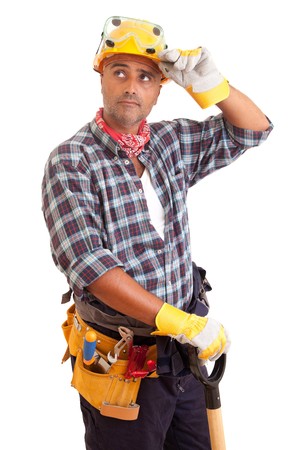 Construction worker, isolated over white backgroundの写真素材