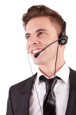 Friendly telephone operator isolated over whiteの写真素材