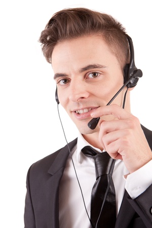 Friendly telephone operator isolated over whiteの写真素材