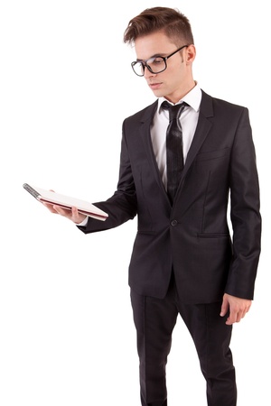 Engineer reading plan, isolated over white backgroundの写真素材