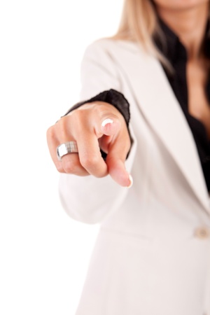 Business woman, pointing forward - isolated over whiteの写真素材