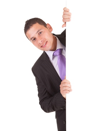 Young business man, behind white cardの写真素材