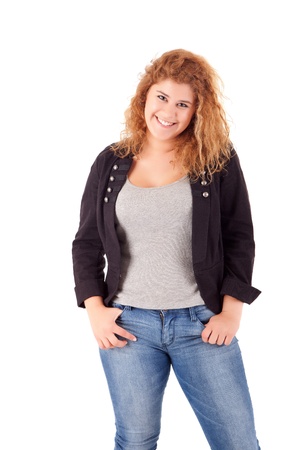 Happy large woman posing over a white backgroundの写真素材