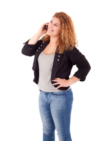 Happy large woman posing over a white backgroundの写真素材