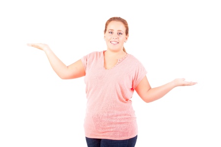 Happy overweighted woman posing isolated over white backgroundの写真素材