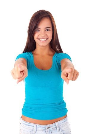 Happy young student expressing positivity sign, isolated over whiteの写真素材