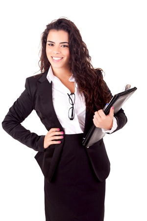 Beautiful young business woman posing isolated over whiteの写真素材