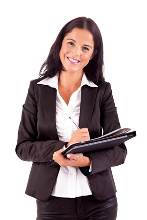 Beautiful young business woman posing isolated over whiteの写真素材