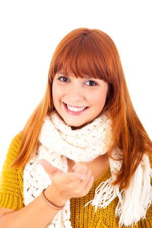 Happy young woman expressing positivity sign, isolated over whiteの写真素材