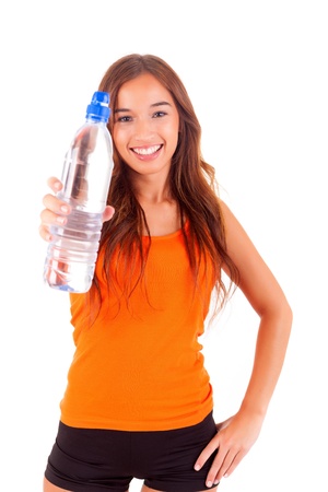 Happy fitness instructor posing isolated over white backgroundの写真素材