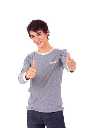 Young student expressing positivity - isolated over whiteの写真素材