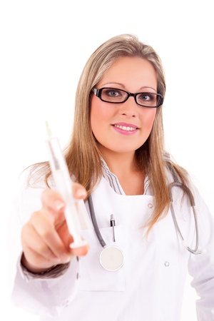 Nurse holding a syringe, isolated over white backgroundの写真素材