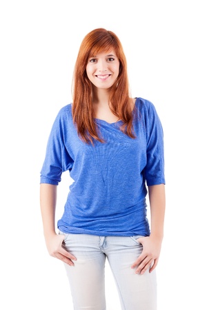 Young student woman posing over white backgroundの写真素材