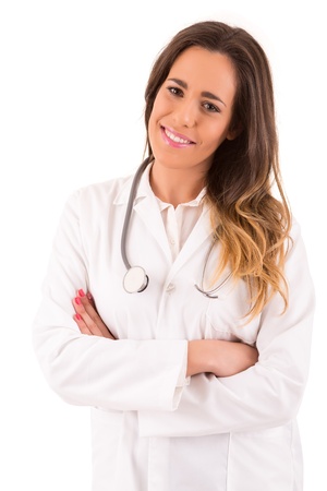 Beuatiful young medic posing isolated over a white backgroundの写真素材