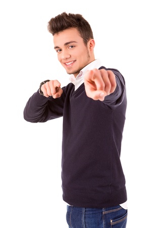 Young student expressing positivity - isolated over whiteの写真素材