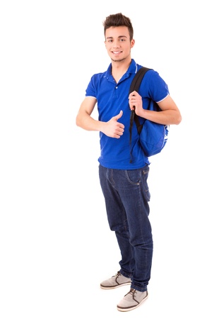 Young happy student posing isolated over white backgroundの写真素材