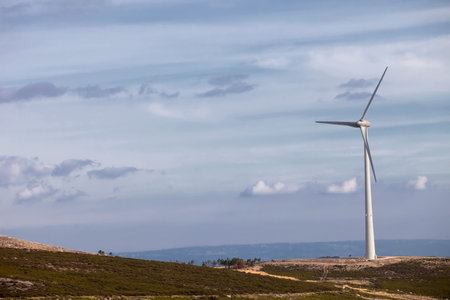 Wind energy turbines, in a landscpae over a beautiful blue sky