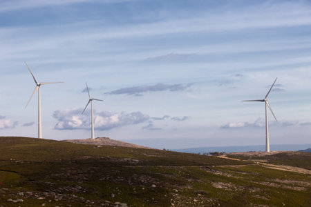 Wind energy turbines, in a landscpae over a beautiful blue sky