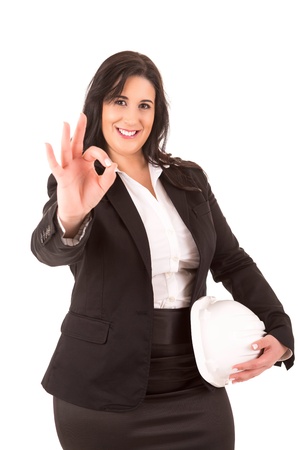 Happy large business woman signaling okの写真素材