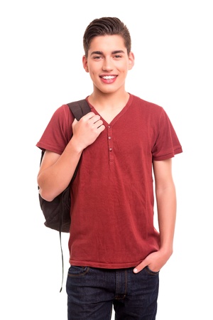 Young happy student posing isolated over white backgroundの写真素材