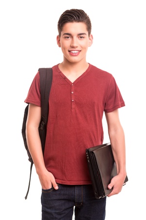 Young happy student posing isolated over white backgroundの写真素材