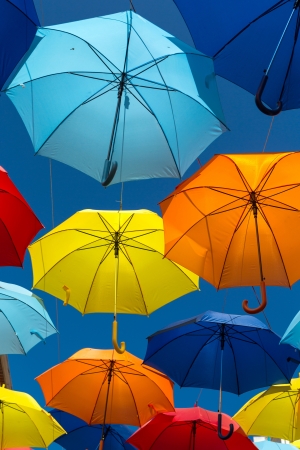 Lots of umbrellas coloring the sky in the city of Agueda, Portugalの写真素材
