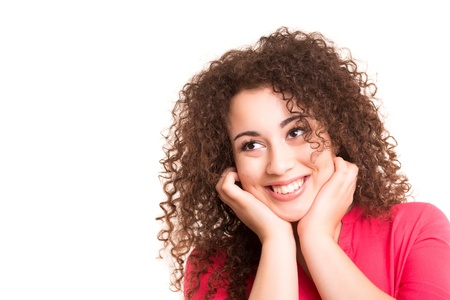 Young human having a brilliant idea, isolated over white backgroundの写真素材