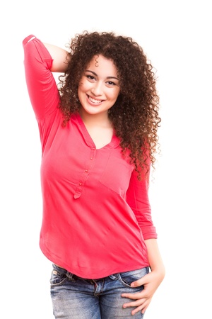 Beautiful young asian woman posing isolated over white backgroundの写真素材