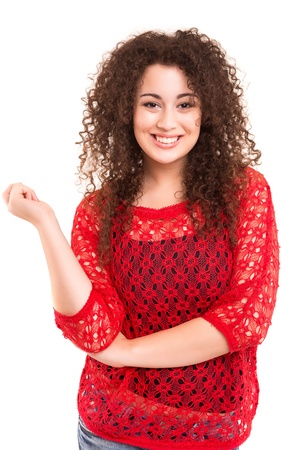 Beautiful young asian woman posing isolated over white backgroundの写真素材