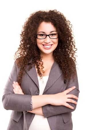 Asian business woman posing isolated over a white backgroundの写真素材