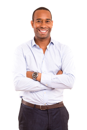 young handsome african business man posing isolated over whiteの写真素材