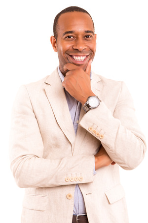 young handsome african business man posing isolated over whiteの写真素材