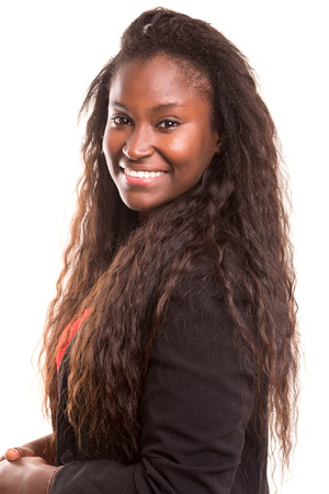 Beautiful young african woman posing isolated over whiteの写真素材