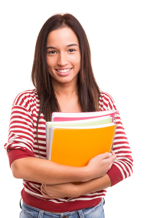 A happy asian student, isolated over a white backgroundの写真素材