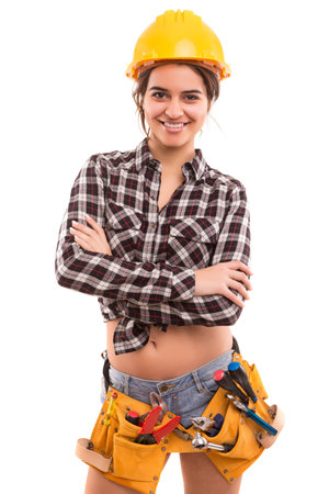 Sexy young woman construction worker の写真素材