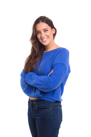 Beautiful young casual woman posing isolated over whiteの写真素材