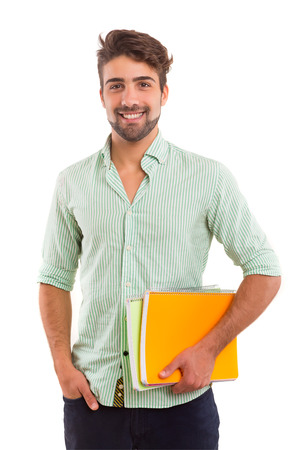 Young happy student posing isolated over white backgroundの写真素材