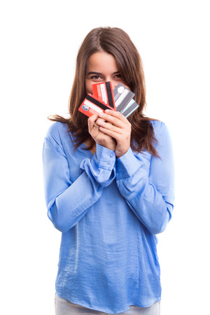 E-commerce concept - Happy woman holding credit cardsの写真素材