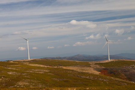 Wind energy turbines, in a landscpae over a beautiful blue sky